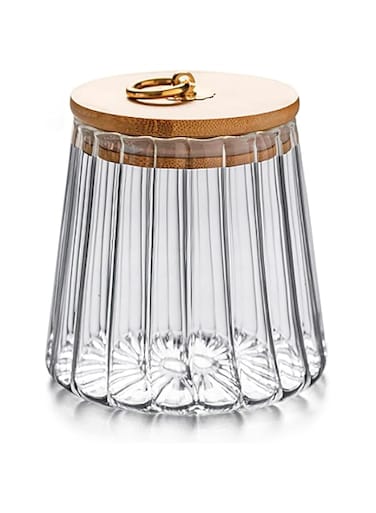 TERRIFI Glass Coffee Nuts Canister Airtight Storage Jar Petal Decorative Container with Bamboo Lid Metal Handle Easy to Grasp 650ml