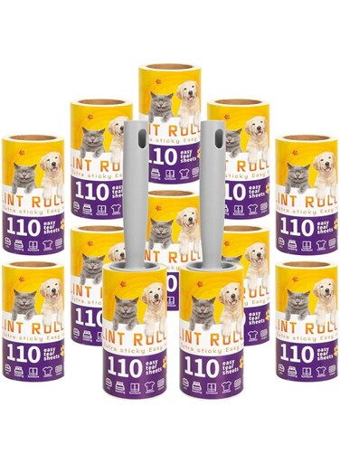 URbazaar Lint Roller Kit, Extra Sticky Multiuse Cat Hair Remover Refill for Dust, Pet Fluff Hair, Carpet, Refillable Lint Remover for Clothes(2 Handles with 12 Refills, 100 Tear Sticky Paper) (Yellow)
