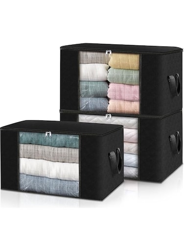 3-Pack Clothes Organizer Storage Bags Foldable Storage Box with Large Clear Window Sturdy Handles for Closet, Dorm, Pillows, Bedding, Clothes, Quilts, Blankets, Under-Bed Storage 60L (Black)
