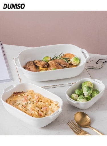 3 pcs Heat Resistant Ceramic Binaural Tableware Plate Household ,6/8/10 Inch Rectangular Baking Pan,Banquet and Daily Use Tableware(White)