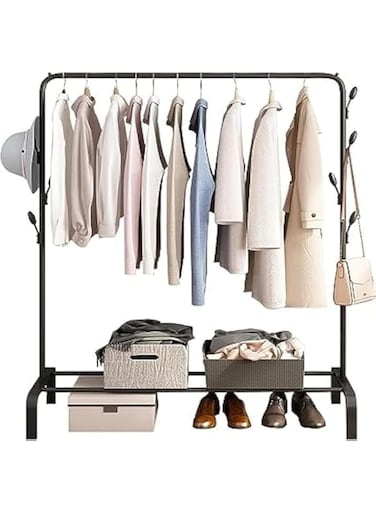 CAZADORA Clothes Rack - Premium Metal Clothes Hanging Stand with Storage Shelf for Coats, Shoes, and More - Durable and Stylish Organizer for Bedroom and Bathroom Use (Black, 1 shelves   1 Rail)