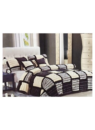 COMFY KING SIZE 6 PIECE CHECKERED FAUX FUR GREY &amp; BLACK COMFORTER SET