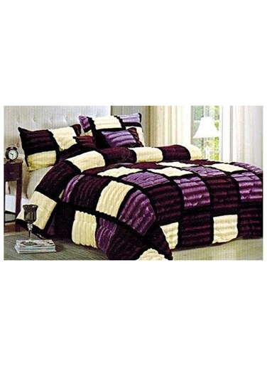 COMFY 6 PIECE KING SIZE CHECKERED PURPLE FAUX FUR COMFORTER SET