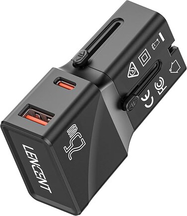 LENCENT International Travel Power Adapter Mini Pocket USB C Charger, PD 25W&amp;QC 3.0 Type-C Fast Charging, Outlet Adaptor, Worldwide Cell Phone Wall Charger Block with UK US EU European Australia
