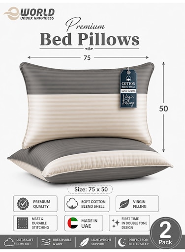 Pack of 2 Down Alternative Bed Pillows, 1250g Fill, Cotton Blend Cover, Hotel Quality, 50x75cm, Grey-Cream