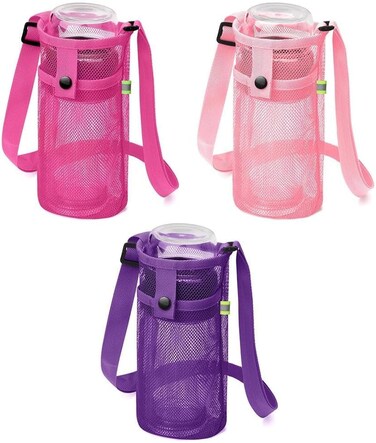 Portable Mesh Bottle Bag, 3 Pack Mesh Water Bottle Carrier with Adjustable Shoulder Strap Lightweight Sling Bottle Bag Sleeve for Sports Gym Hiking Camping (Rose Red/Pink/Purple)