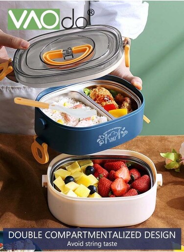 Stainless Steel Student Lunch Box Long-term Preservation Separation Leak-proof Large Capacity Stainless Steel Lunch Box With Tableware Blue