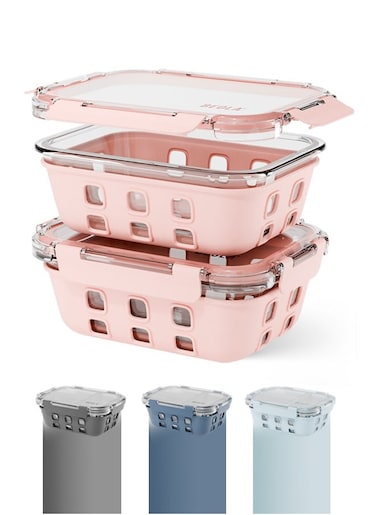 Set of 2 Glass Food Storage Containers with Airtight Lids and Silicone Protection, Leakproof Food Organizer, Freezer, Dishwasher, Microwave Safe, Kitchen Organizer for Food (1050ml, Blush Pink)
