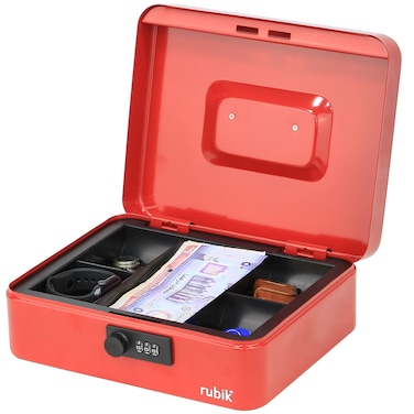 Rubik Large Cash Box with Tray and Combination Lock Portable Durable Register Money Box Safe for Bills Jewelry Receipts Coins (25x20x9cm) Red