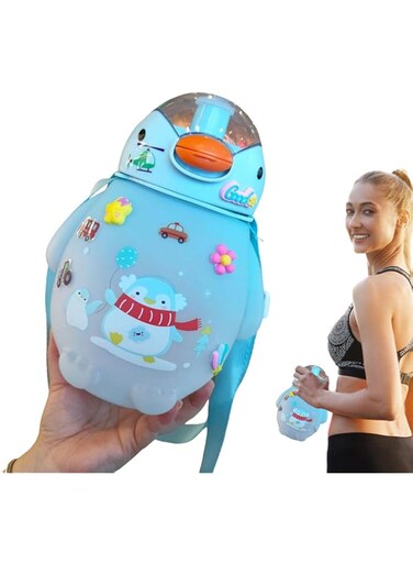 Kids Water Bottle - 51oz Leak-proof Penguin-shaped Coffee - One-Click-Open Sports Water Bottle with Spout &amp; Straps for