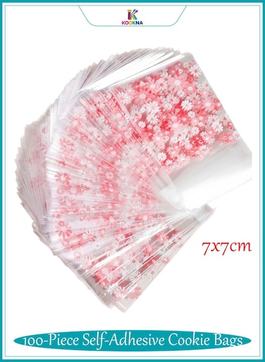 Plastic Bag Self-Adhesive, Candy Bags and Cookies Bags, 100-Piece Small Plastic Bag, Pink Floral Cellophane Pouches, Food Freshness and Secure Sealing, 7x7cm