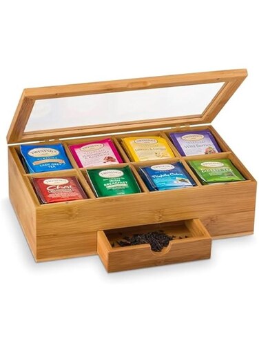 Tea Bag Organizer, Bamboo Tea Box Storage Box, 8 Compartment Tea Storage Chest Container, Tea Bag Holder with Drawer &amp; Acrylic Window, Magnetic Lid Keeps Tea Bags Fresh, Gift