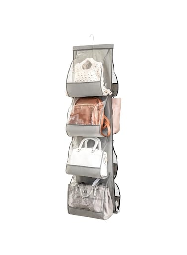 Zober Hanging Purse Organizer for Closet Clear Handbag Organizer for Purses, Handbags Etc. 8 Easy Access Clear Vinyl Pockets with 360 Degree Swivel Hook, Gray, 48&rdquo; L x 13.8&rdquo; W