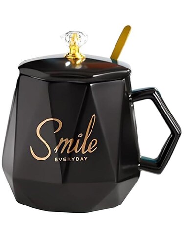 Smile Premium Ceramic Coffee Mug with Spoon &amp; Lid &acirc;&euro;&ldquo; Stylish Black Cup for Office &amp; Home   Durable Tea &amp; Coffee Mug for Hot Drinks   Elegant Office &amp; Kitchen Mug Set