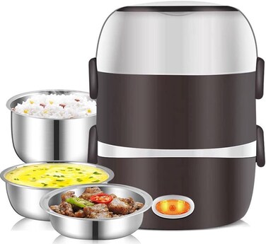 3&acirc;&euro;&lsquo;Layer Electric Bento Lunch Box (220&acirc;&euro;&macr;V) &acirc;&euro;&ldquo; Removable 304 Stainless Steel Containers, Leak&acirc;&euro;&lsquo;Proof Food Warmer for Work or School (Black)