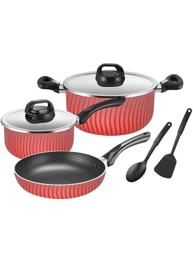Kitchen Master 7-Piece Non-Stick Cookware Set &ndash; Includes 1 Saucepan with Steel Lid, 1 Cooking Pot with Steel Lid, 1 Frying Pan, and 2 Durable Kitchen Tools for Everyday Cooking, KMC003