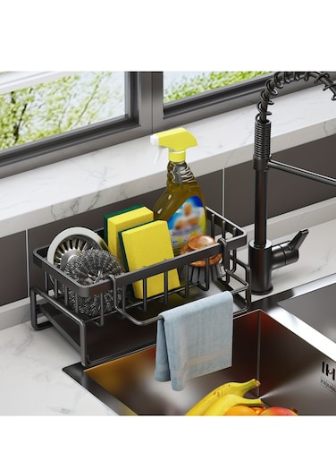 Sink Caddy Sponge Holder with Auto Drain Tray Kitchen Sink Organizer and Storage Rack for Dish Soap Dispenser Brush Scrubbers and Towel stand