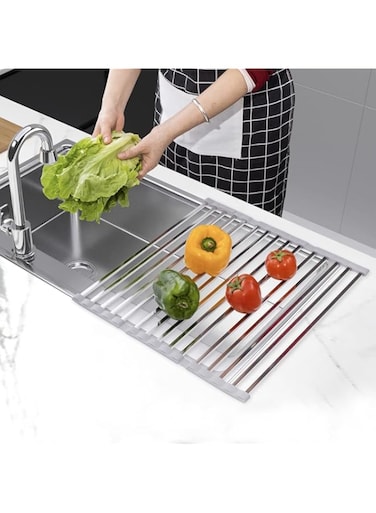 IIEPECA Large Over Sink Dish Rack Roll Up Dish Drying Rack Kitchen Sink Rack Stainless Steel Silicone Coated Foldable Multipurpose Kitchen Dish Drainer Gray for Kitchen (13.7&#39;&#39; x 20.5&#39;&#39;)