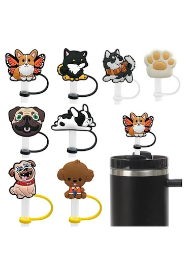 Covers Cap Toppers, 8 Pcs Straw Cover for Stanley Cup, Silicone Straw Covers Cap Reusable Drinking Straw Topper Compatible, for Stanley Cups Accessories (0.4in, Dog)