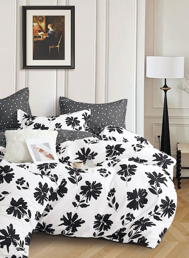 Printed Duvet Set, Queen Size Fits 150x200 cm - 6-Pcs Bed Set, Microfiber Fabric - 1 Duvet Cover, 1 Fitted Sheet, 2 Pillow Shams, 2 Pillowcases (Filler Not Included)