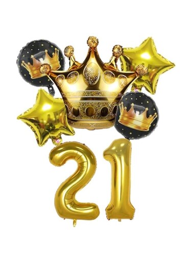 PARTY TIME - 21st Birthday Decorations for Men Boy Women Girl, Black and Gold Birthday Decorations for Happy Birthday Party with 1 Gold Number Balloon and Gold Crown and Star Foil Balloons