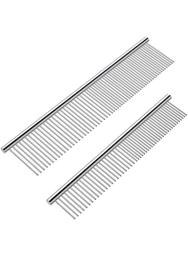 Cafhelp 2 Pack Dog Combs with Rounded Ends Stainless Steel Teeth, Cat Comb for Removing Tangles and Knots, Professional Grooming Tool for Long and Short Haired Dog, Cat and other pets, 6.3IN/7.4IN
