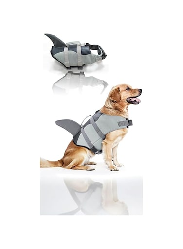 Sweet seven Adjustable Dog Life Jacket - Shark Design Pet Vest with Safety Handle, Ripstop, Excellent Buoyancy - Suitable for Large, Medium, Small Dogs (Grey) Size S