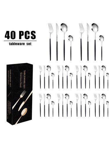 40-Piece Stainless Steel Knife Fork Spoon Full Set Silver for Home Office Restaurant Hotel Silver