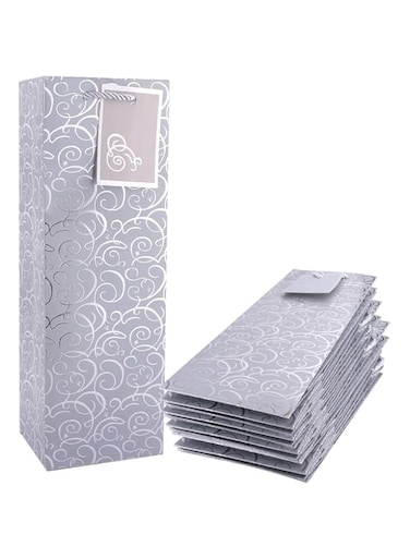 KASTWAVE Wine Bags, 5pcs Wine Gift Paper Bags Single Bottle Wine Gift Bags Red Wine Tote Bags, 5Pcs 4.7 x 3.9 x 14.2&rsquo;&rsquo; Wine Gift Bags Kraft Paper Wine Bags Bulk with Handles,Silver