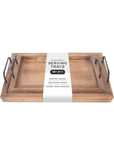 Besti Rustic Vintage Food Serving Trays (Set of 2)   Nesting Wooden Board with Metal Handles   Stylish Farmhouse Decor Serving Platters   Large: 15 x2 x11" - Small: 13 x2 x9" inches (Rustic Burnt)
