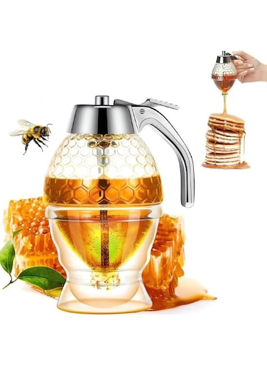 Dispenser No Drip, Maple Syrup Dispenser, Beautiful Honey Comb Shaped Honey Pot - Honey Jar with Stand, Great Bee Decor