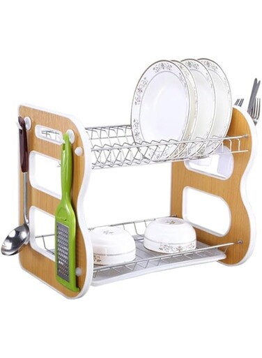 PPS TRADING Dish Drying Stand - Space-Saving 2 Tiers Dish Rack - Dishes Drying Stand with Removable Cutting Board Holder and Utensil Side Pocket for Spoons - Drainer for Kitchen Counter. (Beige)