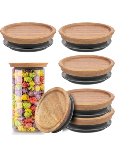 6 Pack Regular Mouth Wooden Storage Lids Set, Airtight Acacia Wood Canning Jar Lids with Silicone Sealing Rings, Brown Wooden Lids Dishwasher Safe for Mason Jars, Candle Cups, Ceramic Storage Jar Lid