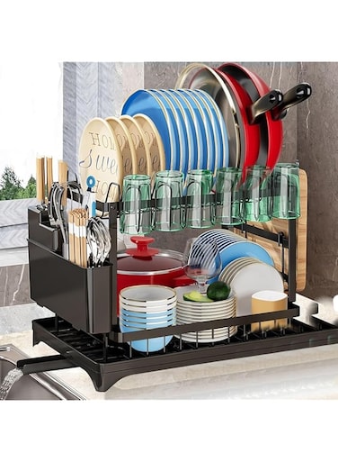 Lomeshow Dish Drying Rack, 2 Tier Large Dish Drying Rack for Kitchen Counter with Drainboard Stainless Steel Dish Drainer for Dish/Knifes/Cup/Cutting Board, Black