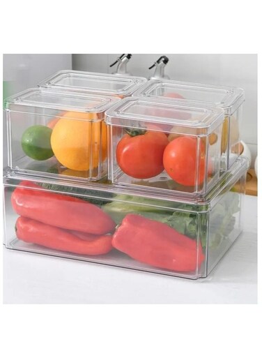 5-Piece Transparent Plastic Fridge Organizer Fruit Storage Container Set with Drainage for Food Preservation