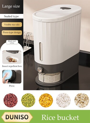 Rice Dispenser, Large Dry Food Storage Box, Sealed Grain Dispenser Food Storage Container With Lid, Measuring Cup And Insect Repellent Box, Food Dispenser Kitchen, Store Rice, Beans, Grains, Small Dry Food, Suitable For Home Kitchen Food Storage, Black And White