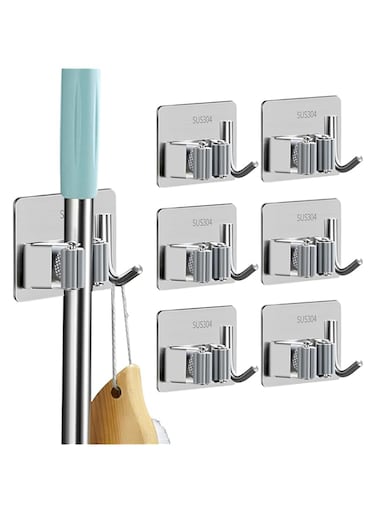 6 Pack Anti-Slip Broom Holder, Stainless Steel Broom Holder Wall Mount, Damage-Free Wall Mount, Perfect for Laundry Room Organizer, Fit with Laundry Kitchen Garage Garden Storage System(Silver)