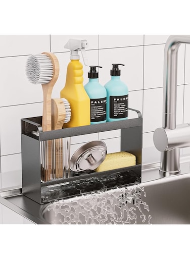 TERRIFI Sponge Holder for Kitchen Sink, 2-Tier Rustproof Sink Organizer with Detachable Brush Holder, Auto-Draining Sink Caddy for Dish Soap, Brush, Scrubber, and Kitchen Accessories Storage, Black
