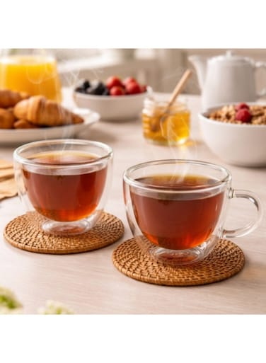 Double Wall Glass Tumbler Cups Set, 180ml Coffee and Tea Cups, Curved Double-Wall Insulated Borosilicate Glasses, Gift Box, DH911