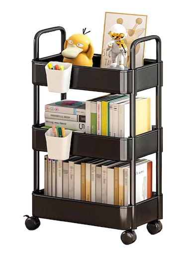 3-Tier Rolling Utility Cart with Wheels, Detachable Utility Storage Cart with Handle and Lockable Casters, Multi-Functional Storage Trolley for Office, Kitchen,Bathroom (Black, 3-Tier)