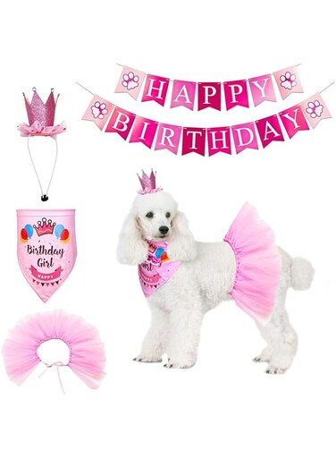 ADOGGYGO Dog Birthday Hat Bandana Girl - Pet Birthday Party Supplies - Pink Dog Tutu Hat Scarf Banner Set for Medium Large Dogs (Large)