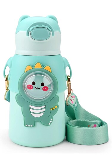 Cute Cartoon Kids Water Bottle with Straw, Stainless Steel Drinking Bottle with Straps Reusable Metal Water Bottle Leak Proof Vacuum Insulated Water Bottles for Girls and Boys Keep Hot and Cold (Green)