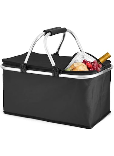 Angju Insulated Large Picnic Basket 35L- Strong Aluminum Frame Waterproof Lining Design for Easy Storage - Take it Camping, Picnicking, Lake Trips or Family Vacations - Keeps Food Cold -DHBlack