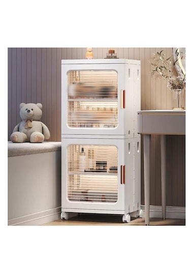 Storage Cabinet Box Bathroom Corner Locker Kitchen Organizer Foldable with Adjustable Shelf and Clear Door for Baby Clothes Toys Snack Shoes Hats and Bags (2 Layer, White)