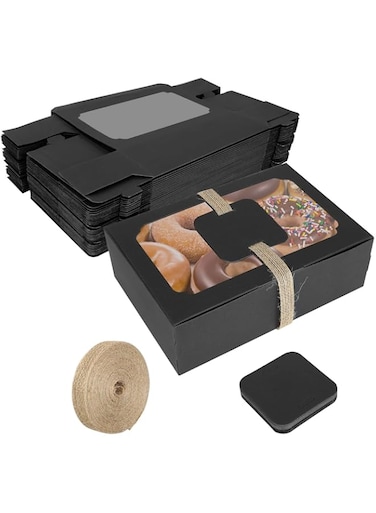 MAKINGTEC Cookie Boxes with Window, Black Brownie Cake Boxes with Cards, and Twine, Empty Sweet Bakery Boxes for Packaging Chocolate Strawberries, Donuts, Cookies, Muffins, Pastry and Pies (12 Pcs)