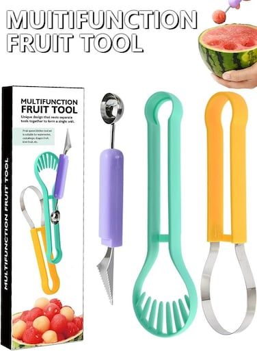 functional fruit scoop, three in one fruit carving device, stainless steel watermelon scoop, meat extractor