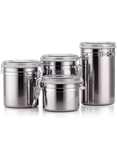 reve max Stainless Steel Airtight Canister Set of 4 with Clear Acrylic Lids &amp; Locking Clamps - Ideal for Coffee, Tea, Spices, Sugar - Fresh-Keeping Kitchen Organizer, Food Storage Containers, Durable