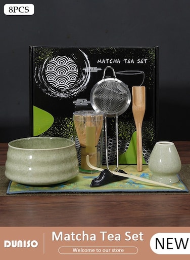 Matcha Whisk Set, 8Pcs Japanese Matcha Tea Set, Include Matcha Bowl, Bamboo Matcha Whisk, Scoop, Bamboo Scoop, Whisk Holder, Stainless Steel Tea Sifter, Ceremony Tea Making Kit Traditional Handmade Matcha Gift Box