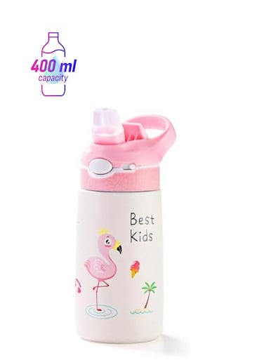 Kids Stainless Steel Water Bottles with Straw, 13.5 oz Insulated Water Bottle Double Wall Keep Hot Cold Drinks Thermos Toddler Bottle with Handle BPA-Free for School Boys Girls (Pink Flamingos)
