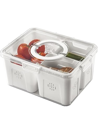 ALMEKAQUZ Fruit Vegetable Storage Containers Fridge Refrigerator Organizer, Produce Storage Containers Fridge Organizer Bins with Handles For Berry Strawberry Lettuce Salad Fish (3 compartment)